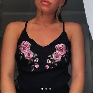 pink rose black tank top